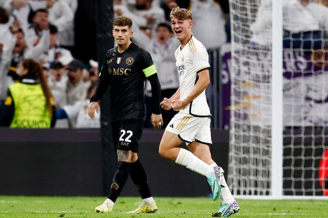 Real Madrid's Nico Paz celebrates scoring their third goal