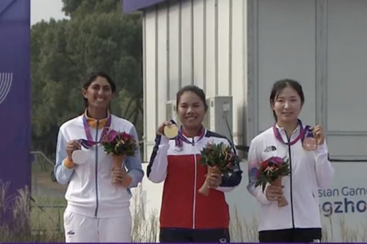 Aditi Ashok on the podium at the Asian Games in Hangzhou on Sunday
