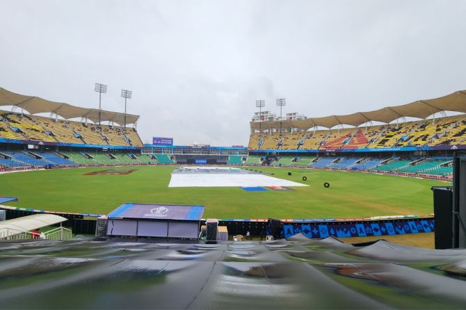 Covers laid on the ground at the Greenfield Stadium in Thiruvananthapuram on Tuesday