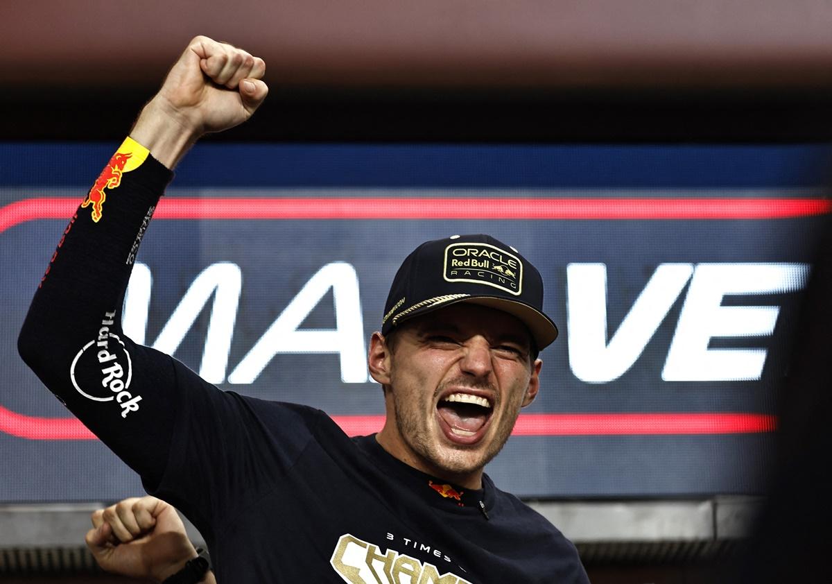 Red Bull's Max Verstappen celebrates winning the Formula One championship in the Qatar Grand Prix, at Lusail International Circuit, Lusail, Qatar, on Saturday.