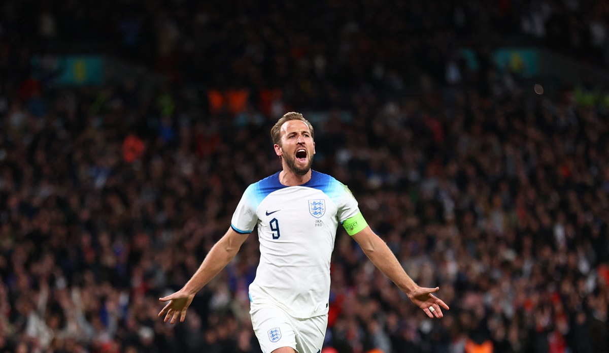 England's Harry Kane scores his second goal of the match against Italy