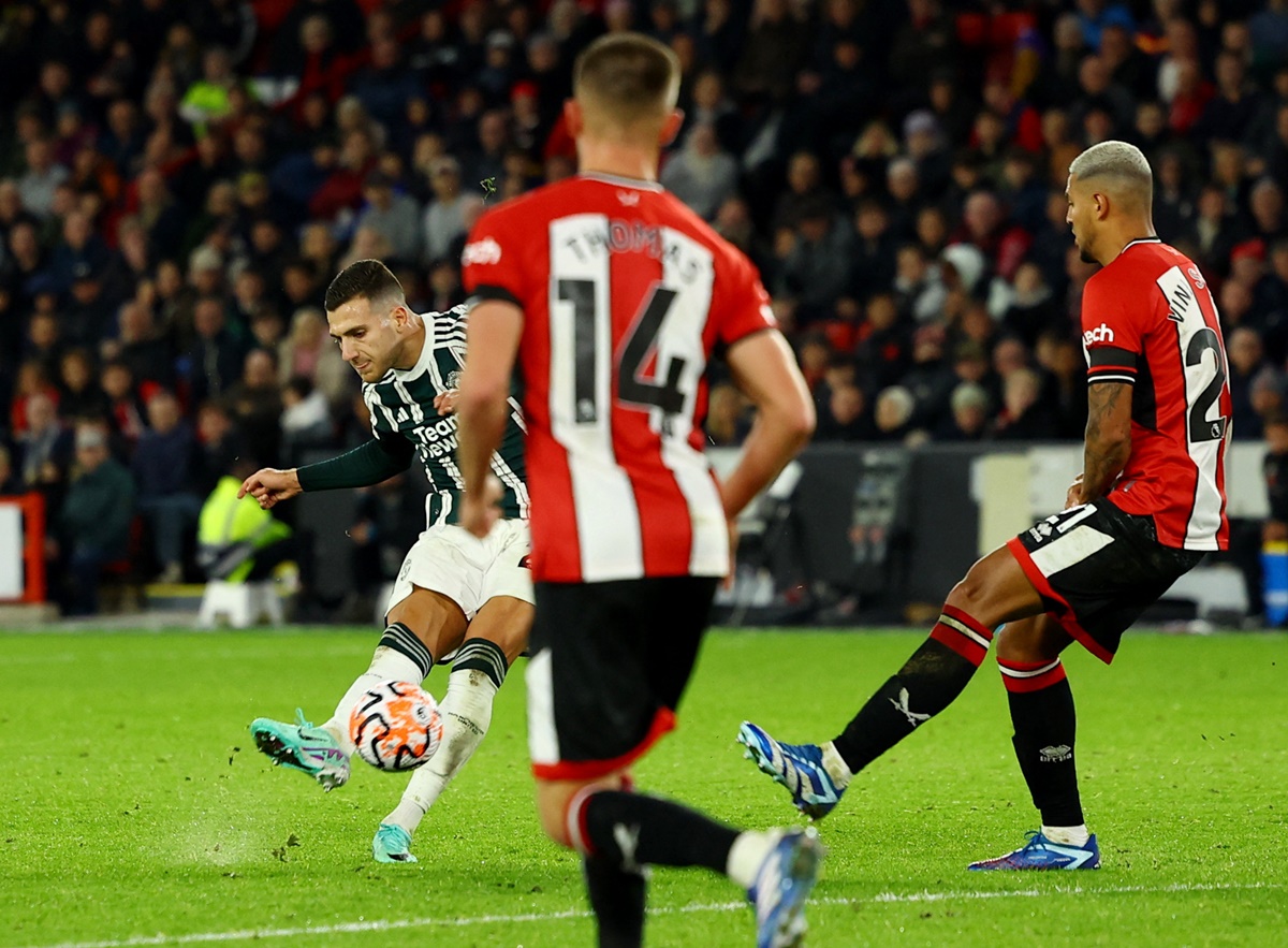 Diogo Dalot scores Manchester United's second goal.