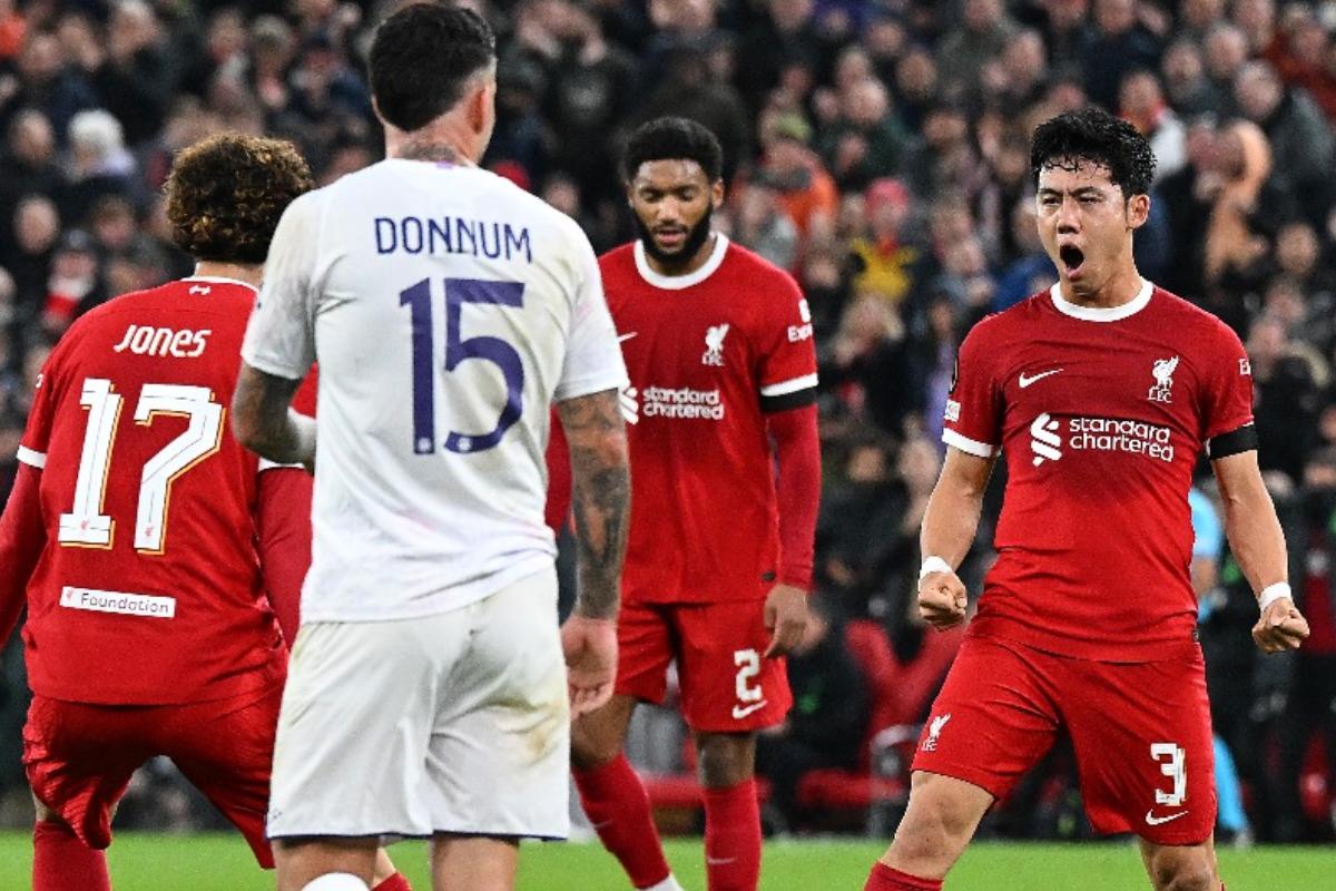 Liverpool's Wataru Endo celebrates his goal against Toulouse