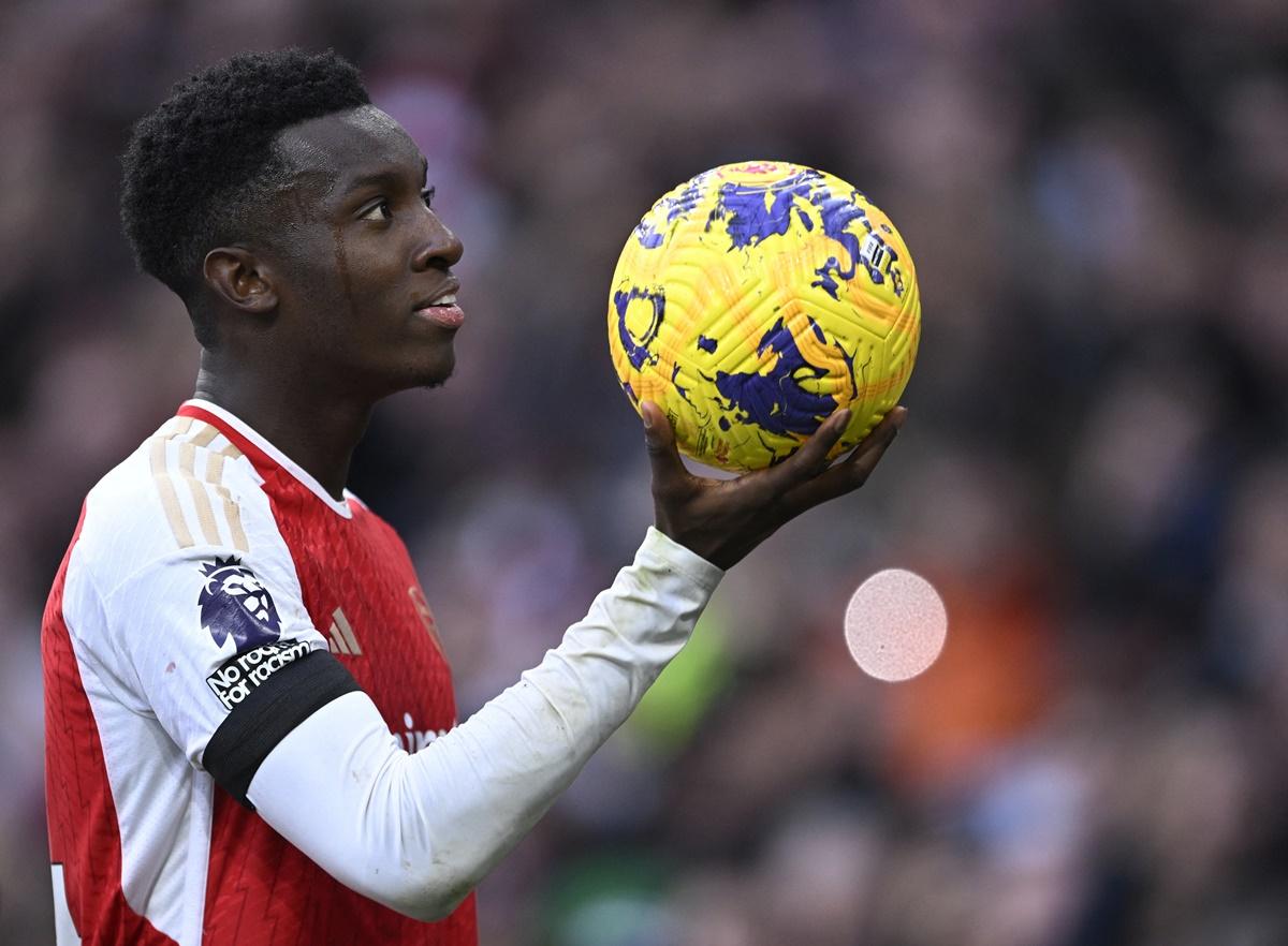 Eddie Nketiah celebrates scoring Arsenal's third goal and completing his hat-trick against Sheffield United at Emirates Stadium, London.