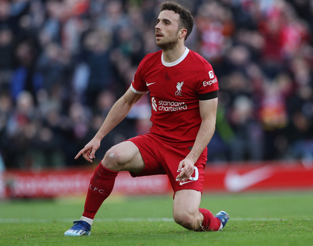 Diogo Jota celebrates scoring Liverpool's first goal.