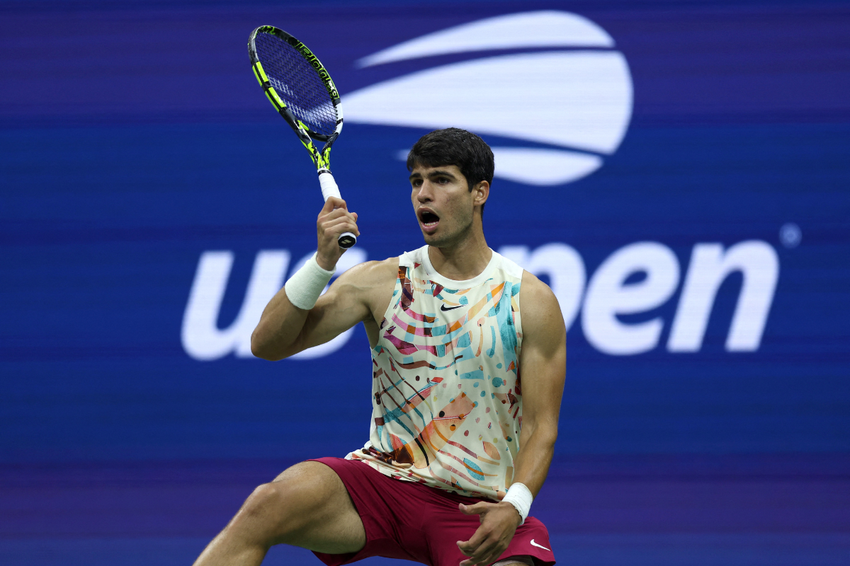 Spain's Carlos Alcaraz in action during his second round match against South Africa's Lloyd Harris