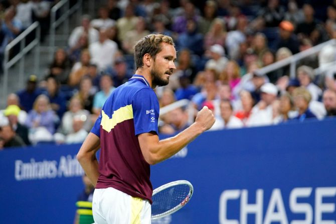 Daniil Medvedev wins a point against Christopher O'Connell of Australia on day four of the 2023 US Open at USTA Billie Jean King National Tennis Center at Flushing Meadows in New York on Thursday