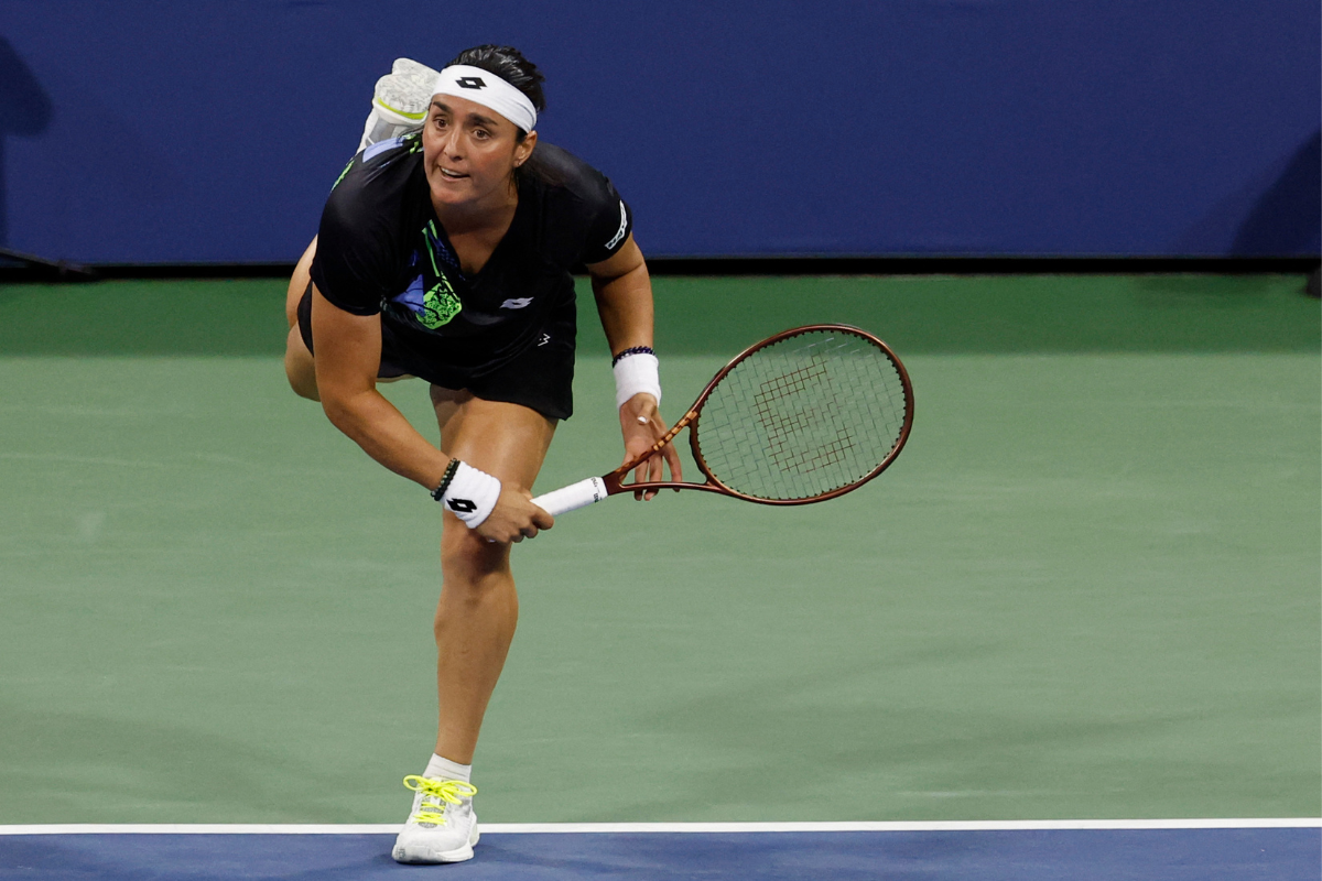 Tunisia's Ons Jabeur serves against Czech Republic's  Linda Noskova (not pictured)