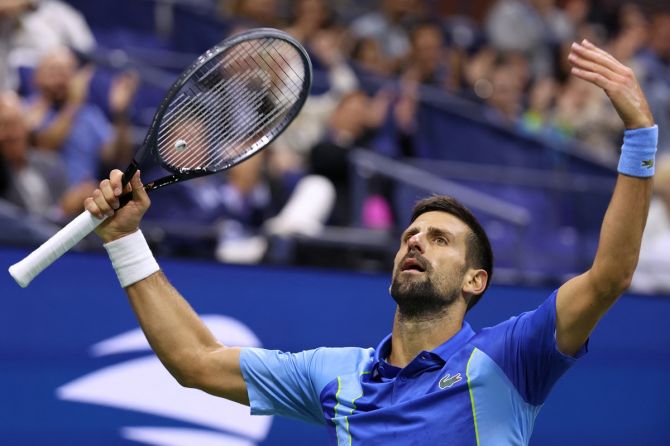 Serbia's Novak Djokovic celebrates winning his US Open third round match against countryman Laslo Djere at  Flushing Meadows, New York, on Friday.
