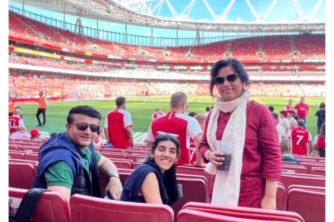 Sourav Ganguly with his daughter Sana and wife Dona at the Emirates Stadium in London on Sunday