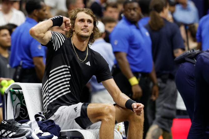 Germany's Alexander Zverev reacts after his match against Italy's Jannik Sinner on Monday