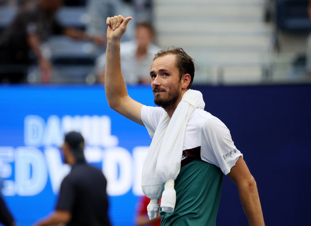 Russia's Daniil Medvedev celebrates winning his US Open quarter-final against countryman Andrey Rublev  at Flushing Meadows, New York, on Wednesday.