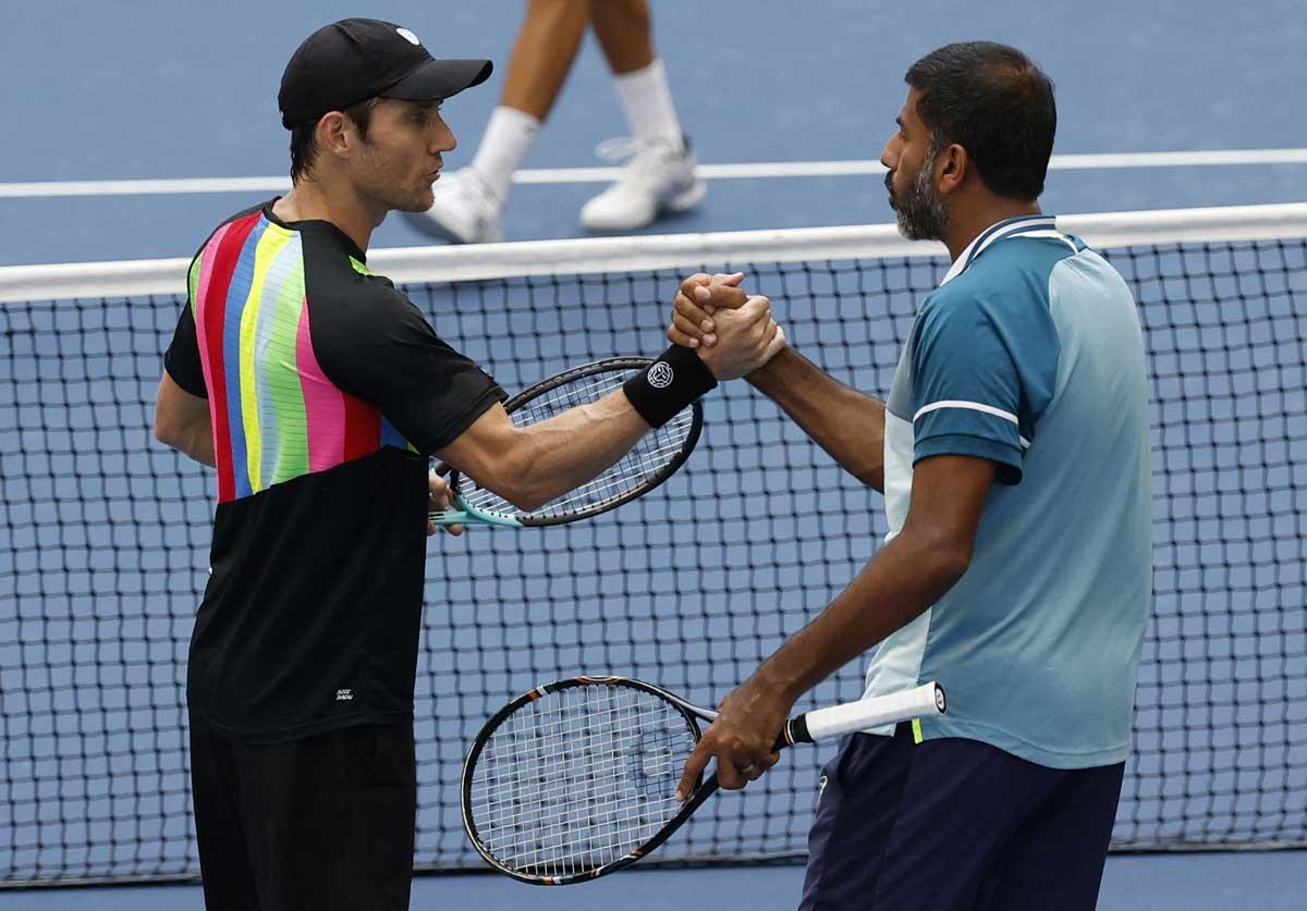  Rohan Bopanna and Matthew Ebden celebrate winning their US Open semi-final against France's Pierre-Hugues Herbert and Nicolas Mahut in New York on Thursday