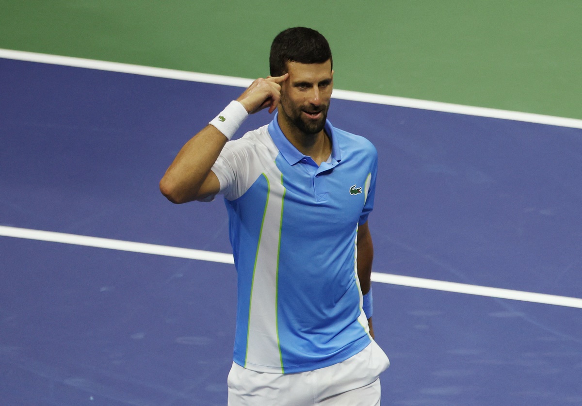 Serbia's Novak Djokovic gestures to the crowd after victory over Ben Shelton of the United States in the first men's singles semi-final of the US Open, at Flushing Meadows, New York, on Friday.