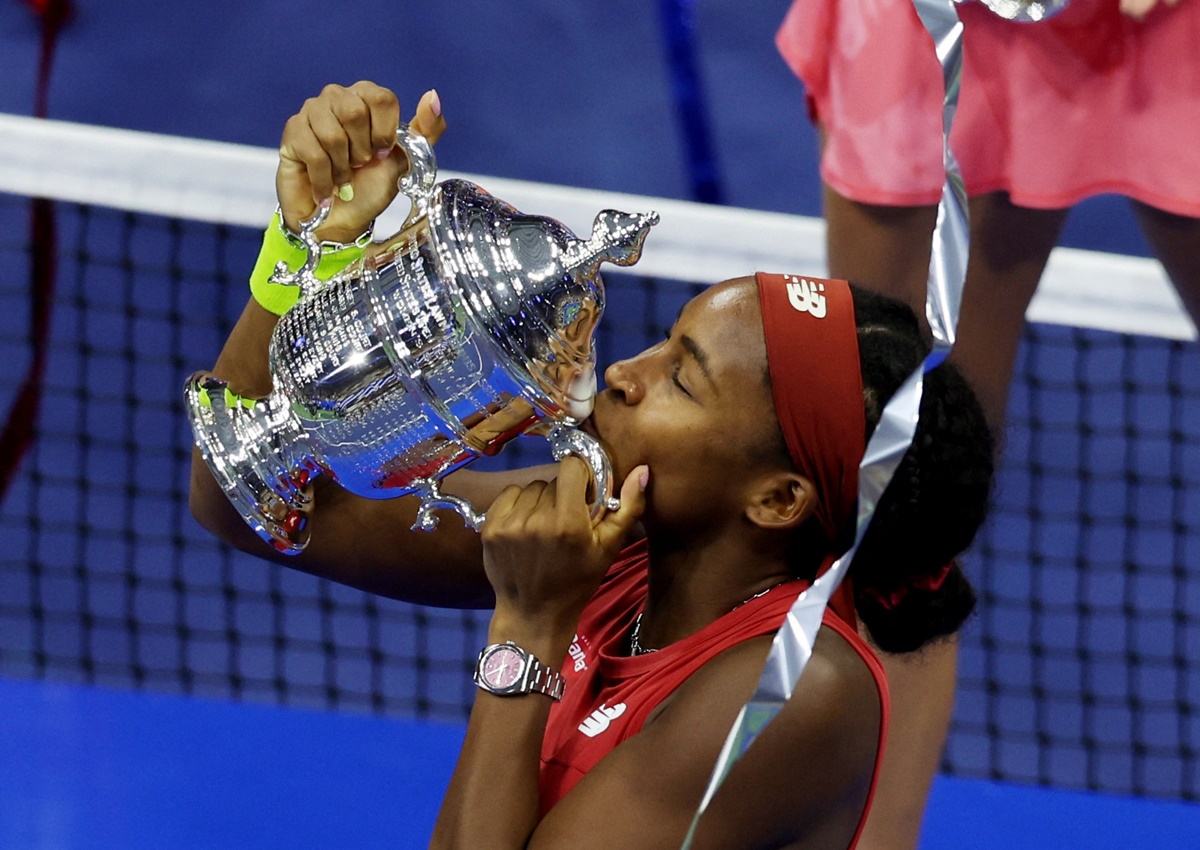 Coco Gauff of the United States celebrates with the trophy after getting the better of Belarus's Aryna Sabalenka in the US Open women's singles final at Flushing Meadows, New York, on Saturday. 