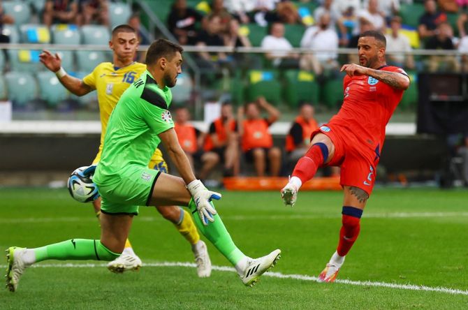 Kyle Walker scores past Georgiy Bushchan to earn England a draw against Ukraine in the Euro 2024 Group C qualifier at Tarczynski Arena, Wroclaw, Poland, on Saturday.