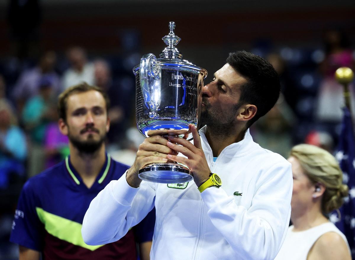 Novak Djokovic reacts after winning the second set tie-breaker in the US Open men's singles final against Russia's Daniil Medvedev at Flushing Meadows, New York, on Sunday.