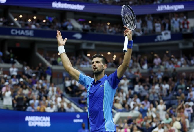 Novak Djokovic reacts after winning the second set tie-breaker in the US Open men's singles final against Russia's Daniil Medvedev at Flushing Meadows, New York, on Sunday.