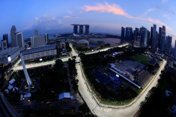 A view of the Marina Bay F1 circuit lit up on September 16 ahead of the Singapore Grand Prix night race 