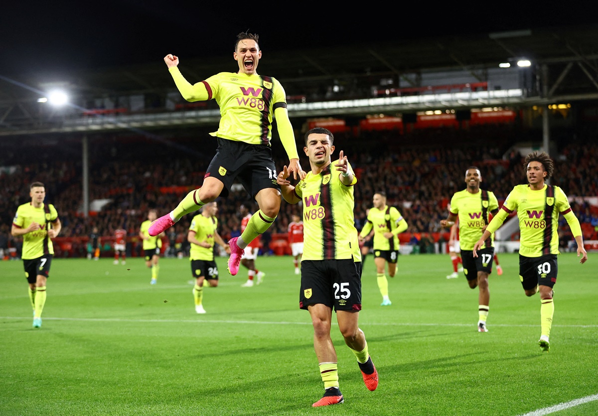 Zeki Amdouni celebrates giving Burnley the lead after 41 minutes with a superb finish.