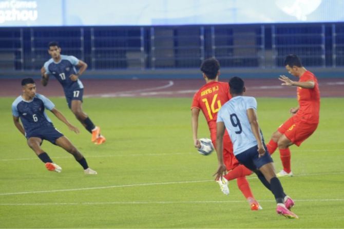 Action from the football match played between India and China during their group tie at the Asian Games in Hangzhou on Tuesday