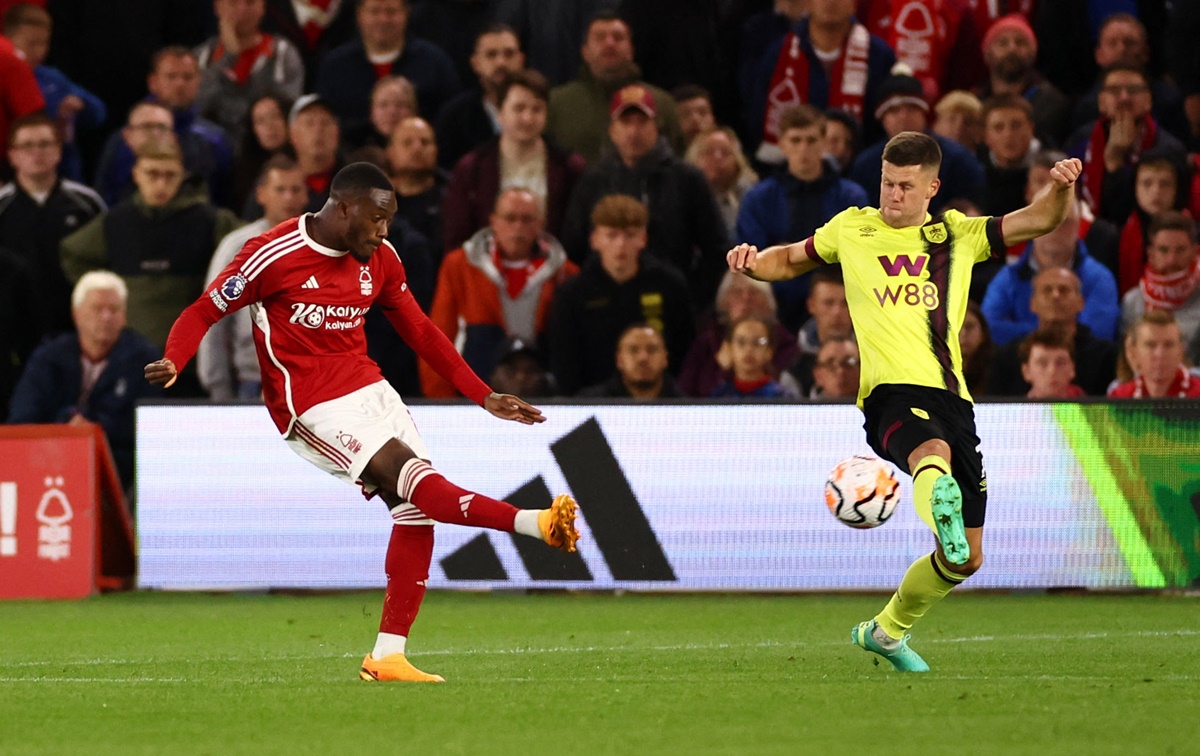 Callum Hudson-Odoi scores to draw Nottingham Forest level during the Premier League match against Burnley at City Ground, Nottingham, on Tuesday.