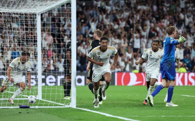 Jude Bellingham celebrates scoring the match-winner for Real Madrid in the Group C match against FC Union Berlin at Santiago Bernabeu, Madrid.