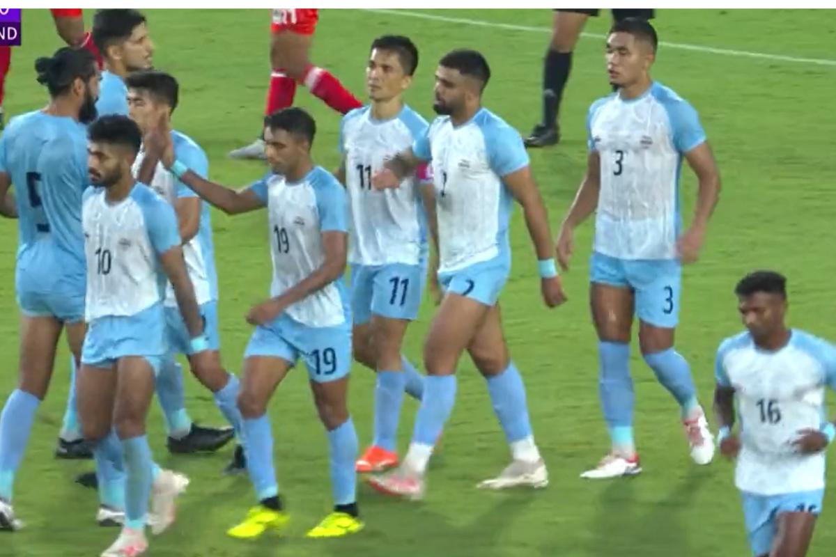 Sunil Chhetri celebrates with teammates on scoring the winning goal against Bangladesh in their group match at the Asian Games in Hangzhou on Thursday