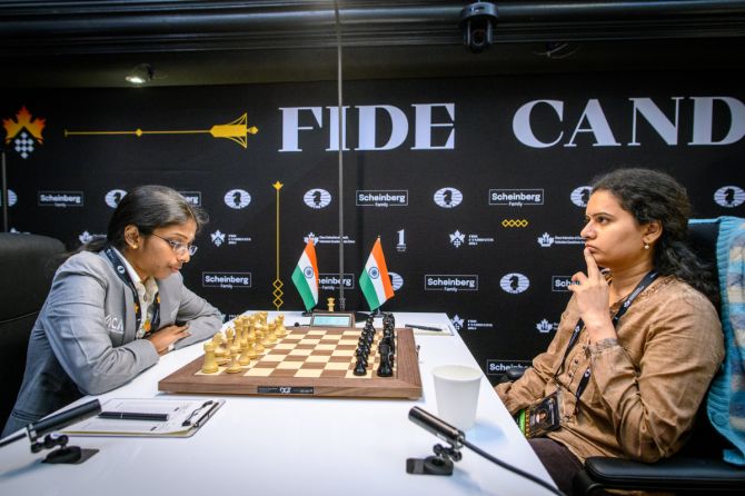 Debutant Vaishali Rameshbabu (2475) holding her own against the experienced compatriot Humpy Koneru (2546) in the Women's Candidates on Thursday