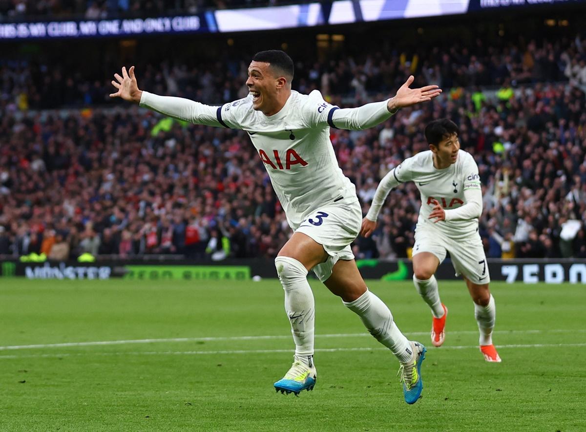 Pedro Porro celebrates scoring Tottenham Hotspur's third goal against Nottingham Forest at Tottenham Hotspur Stadium, London.