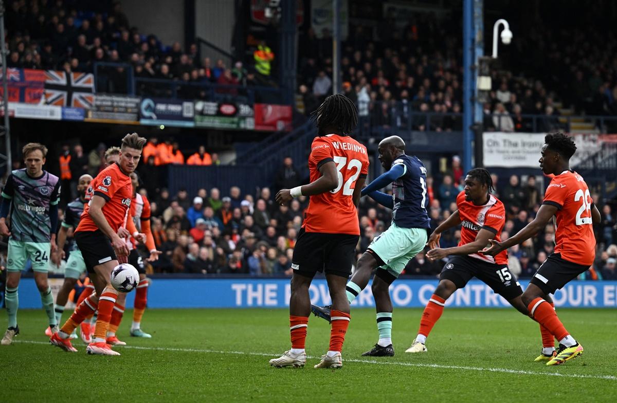 Yoane Wissa scores Brentford's second goal against Luton Town at Kenilworth Road, Luton.