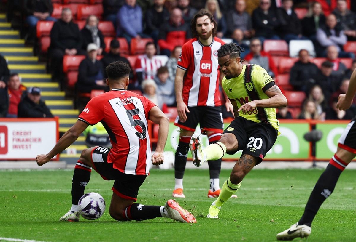 Lorenz Assignon scores Burnley's second goal against Sheffield United at Bramall Lane, Sheffield.