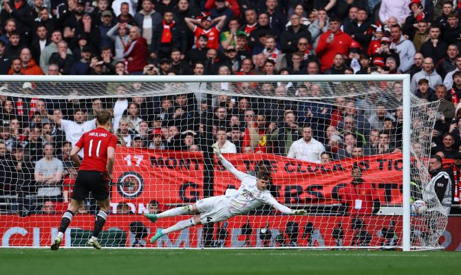 Rasmus Hojlund scores the winning penalty in the shoot-out as Manchester United beat Coventry City in  the FA Cup semi-final at Wembley Stadium, London, on Sunday.