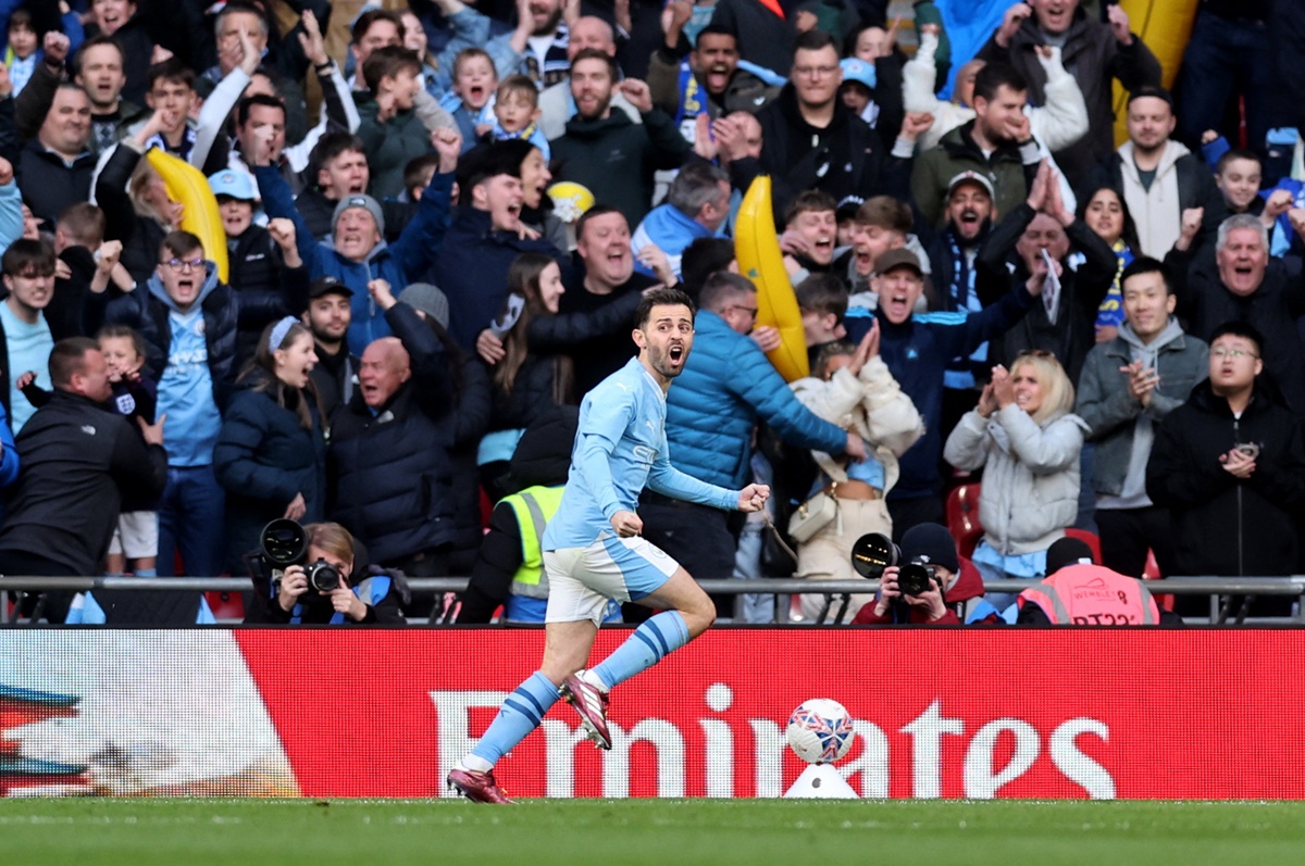 Bernardo Silva celebrates scoring the match-winner for Manchester City in the FA Cup semi-final against Chelsea at Wembley Stadium, London, on Saturday.