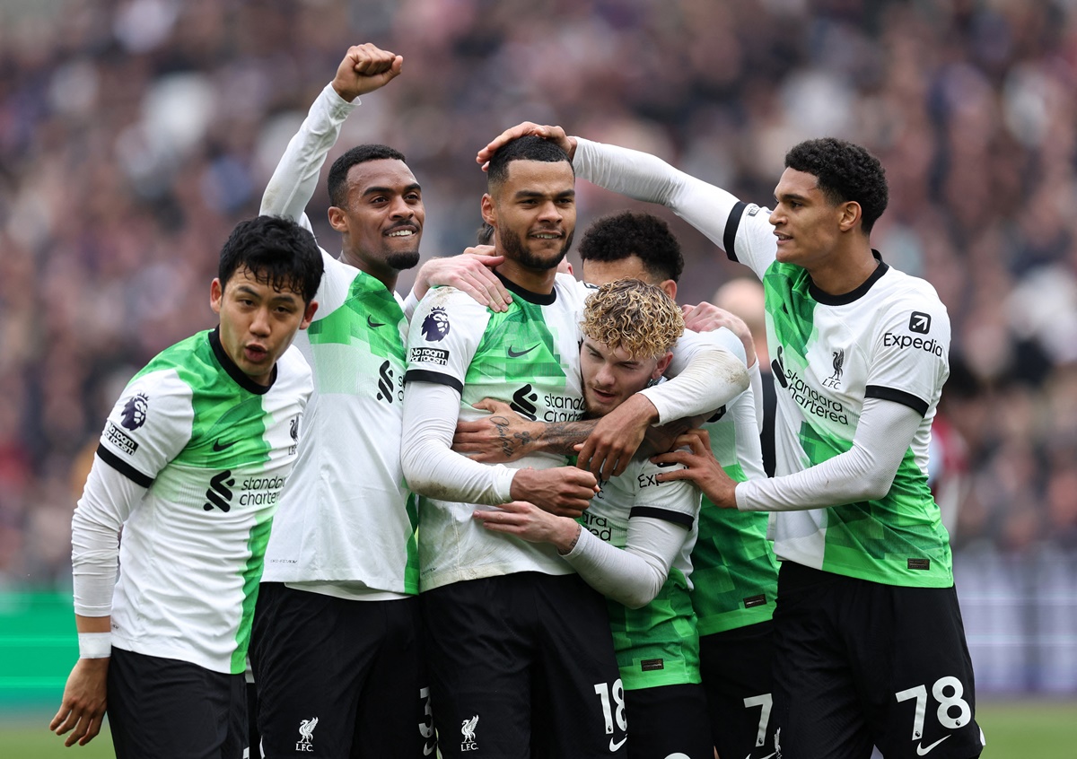 Cody Gakpo and his teammates celebrate Liverpool's second goal after West Ham United's Angelo Ogbonna scores an own goal.