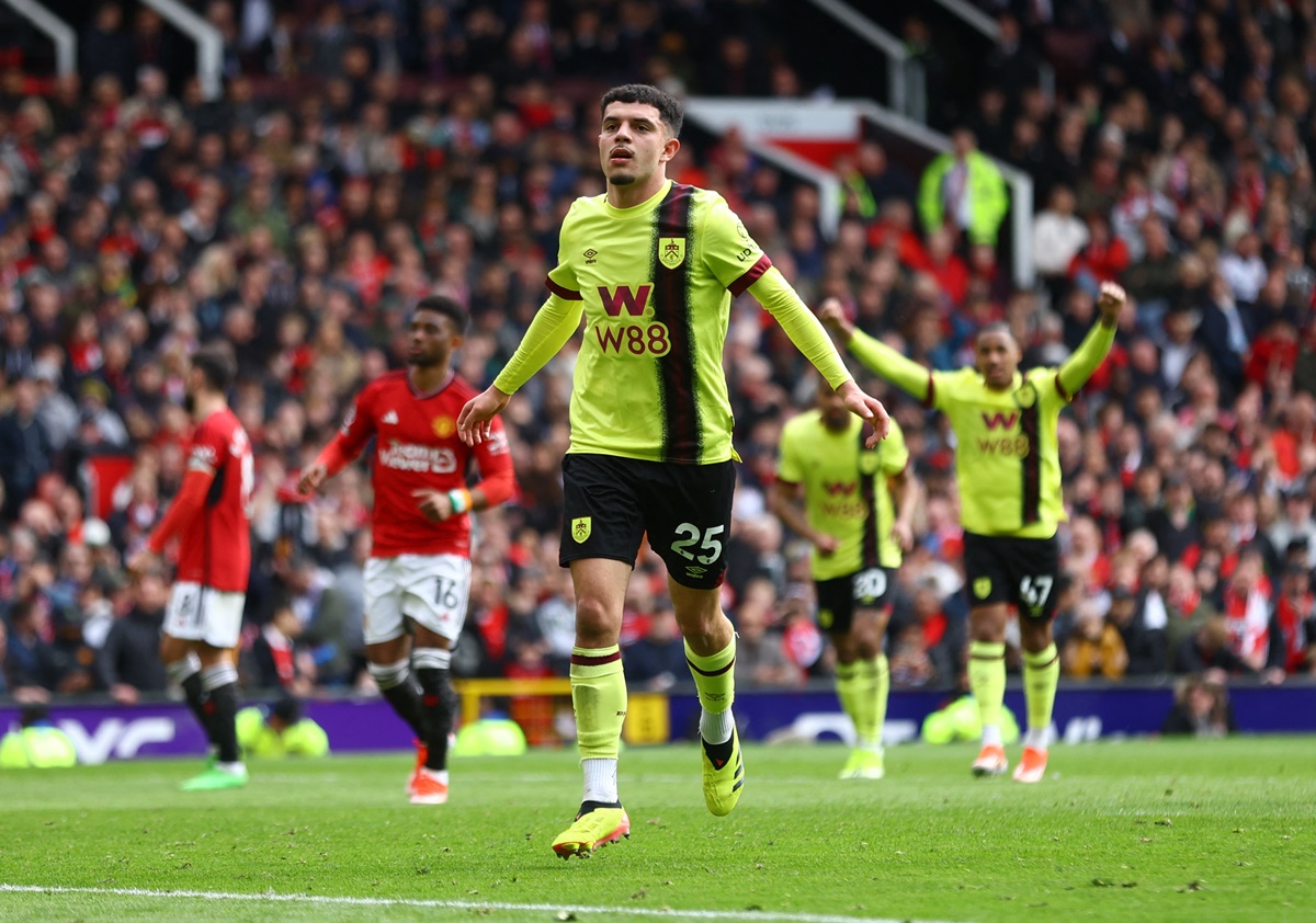 Zeki Amdouni celebrates scoring the equaliser for Burnley against Manchester United at Old Trafford.