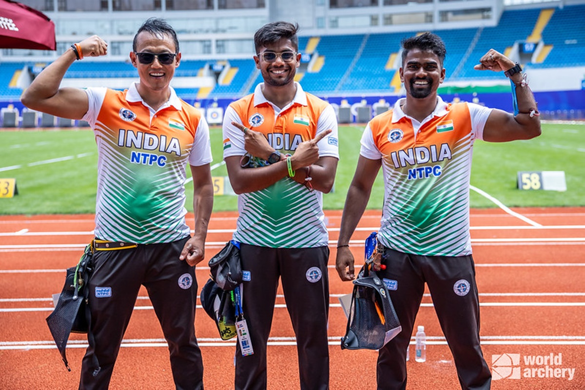 India's Tarundeep Rai, Dhiraj Bommadevara and Pravin Jadhav displayed ice-cool composure to get the better of South Korea for the recurve men's team gold at Archery World Cup in shanghai on Sunday.