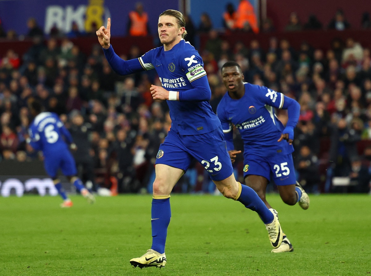 Conor Gallagher celebrates scoring Chelsea's second goal against Aston Villa at Villa Park, Birmingham.