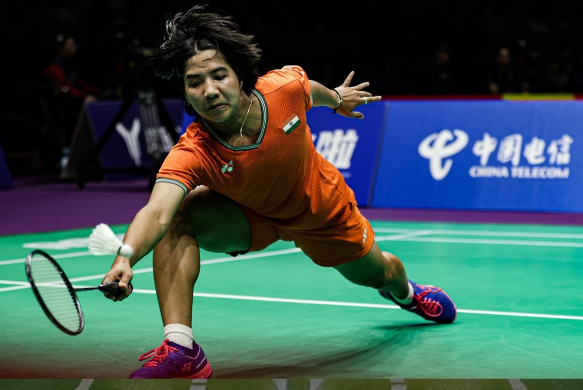 India’s Isharani Baruah in action against Singapore’s Insyirah Khan in the second singles of the Uber Cup Group A match. during 