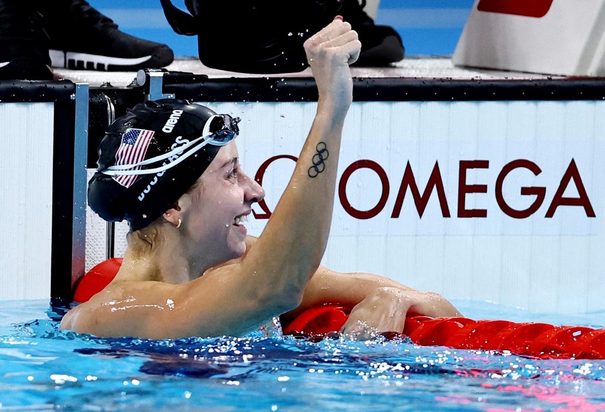 Kate Douglass of United States celebrates winning the women's 200m Breaststroke final.