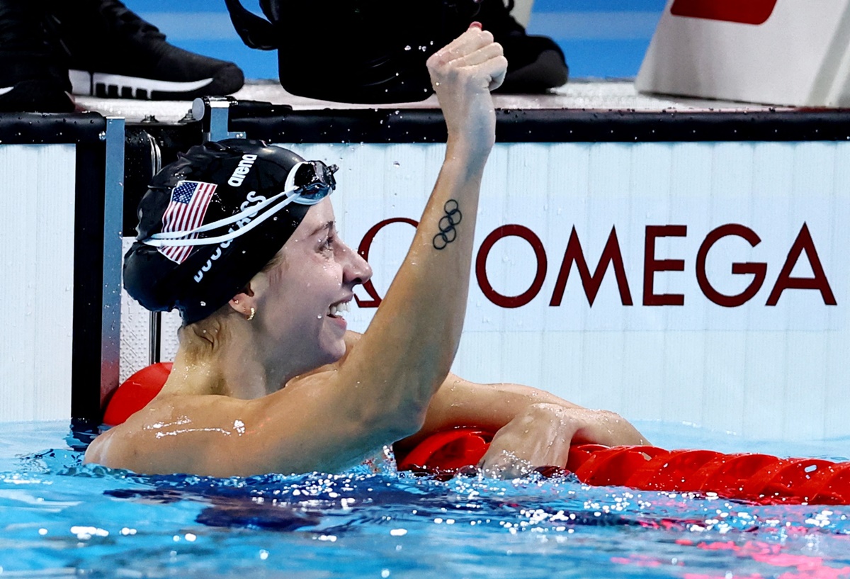 Kate Douglass of United States celebrates winning the women's 200m Breaststroke final.