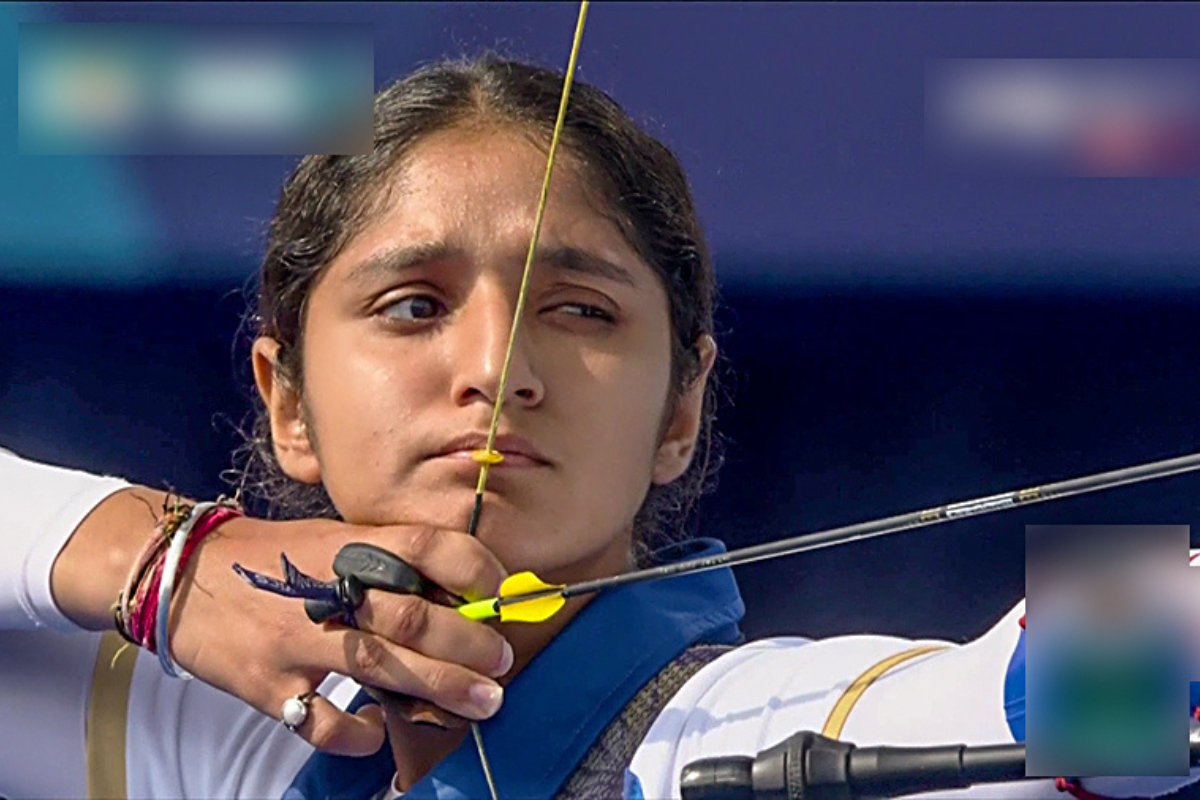 Indian Archer Bhajan Kaur in action during the Round of 16 Women's Individual Archery event at the Olympic Games Paris 2024, in Paris, on Saturday.