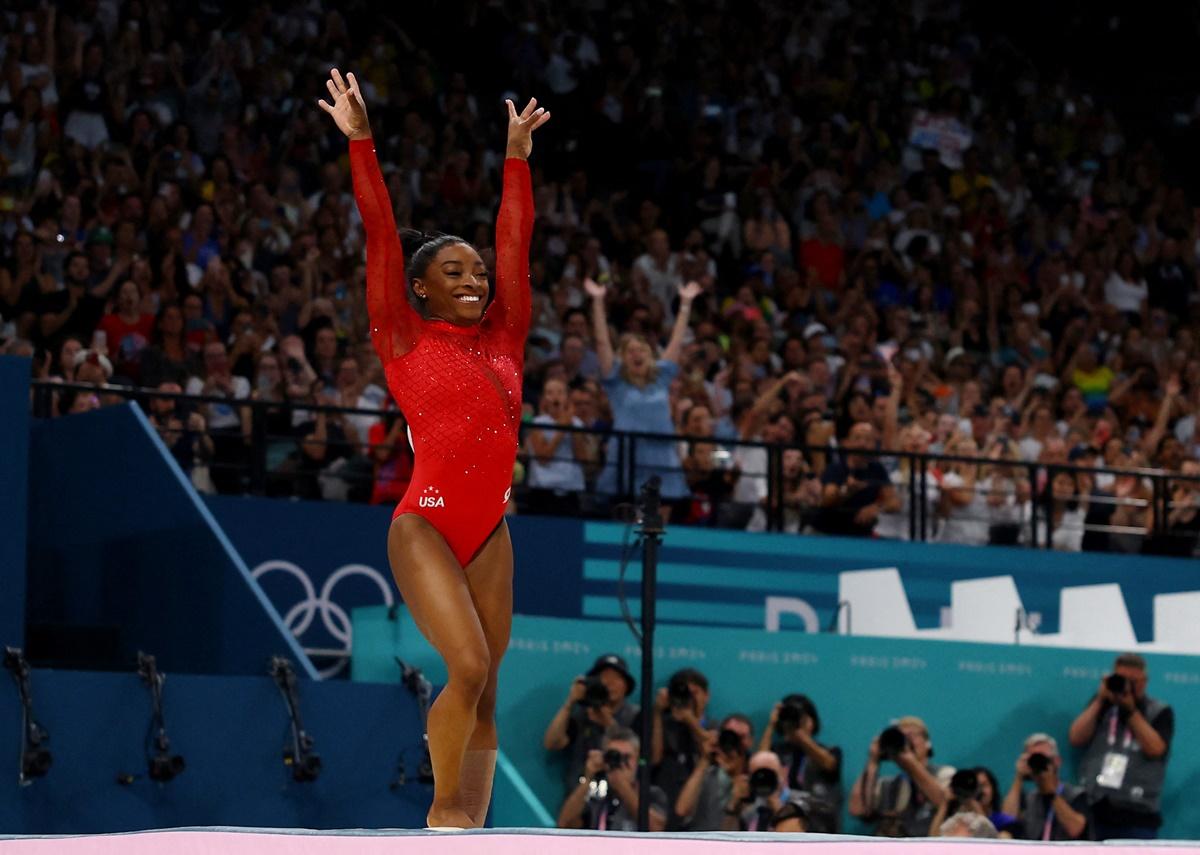 Simone Biles of the United States reacts after her performance in the Olympics Artistic Gymnastics women's Vault final at Bercy Arena, Paris, on Saturday.