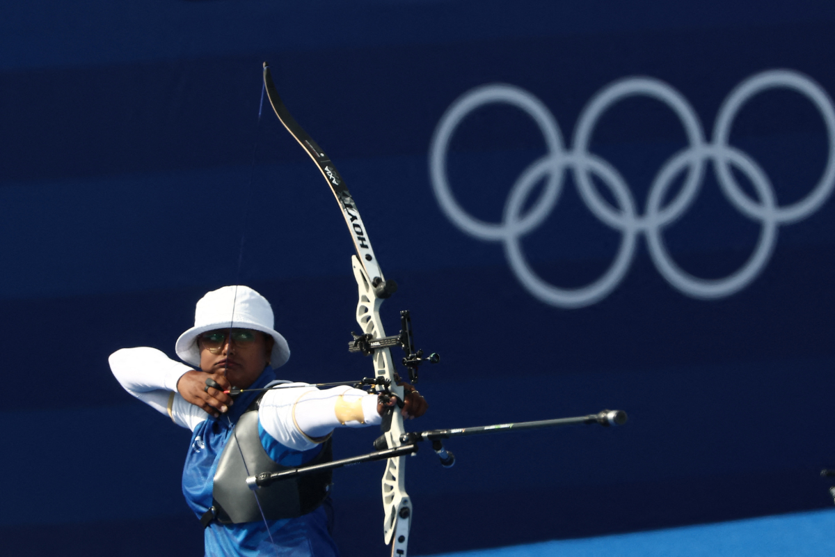 Deepika Kumari of India in action in the Archery Women's Individual 1/8 Elimination Round at Invalides, Paris, France, on Saturday