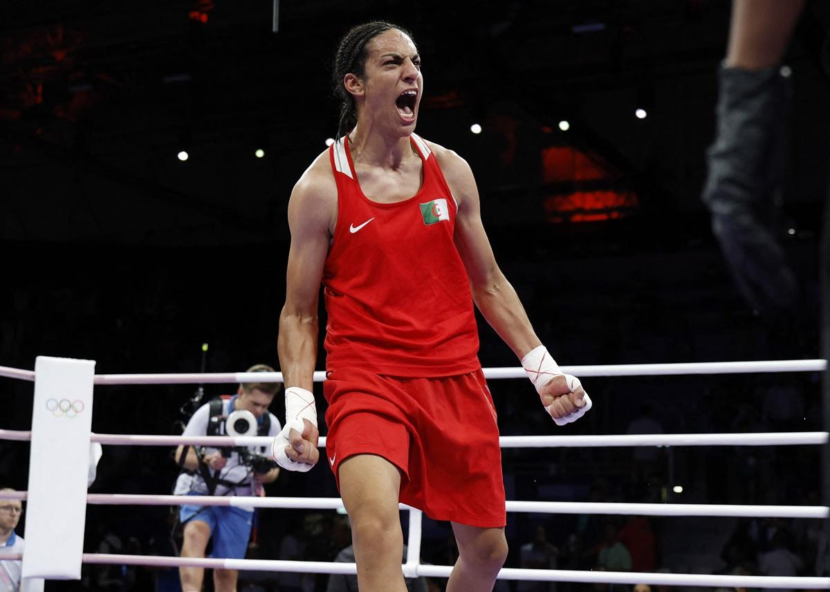 Algeria's Imane Khelif celebrates winning her Olympics Boxing women's 66kg quarter-final bout against Hungary's Anna Luca Hamori at North Paris Arena, Villepinte, France, on Saturday.