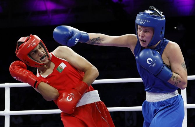 Imane Khelif evades a straight jab from Anna Luca Hamori during the bout.