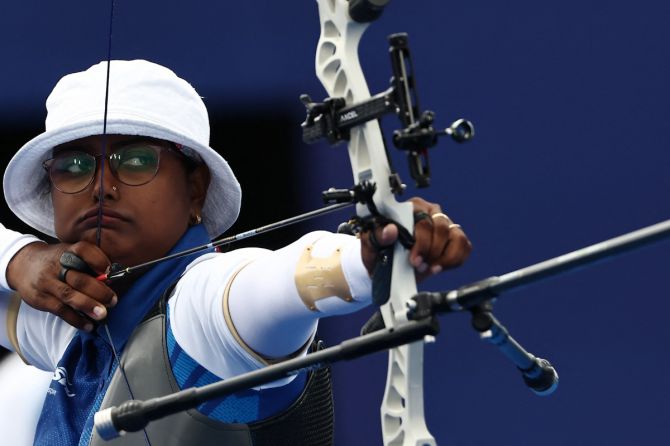 India's Deepika Kumari in action during the Archery Women's Individual Quarterfinals in Invalides, Paris, France, at the Paris Olympics, on Saturday   