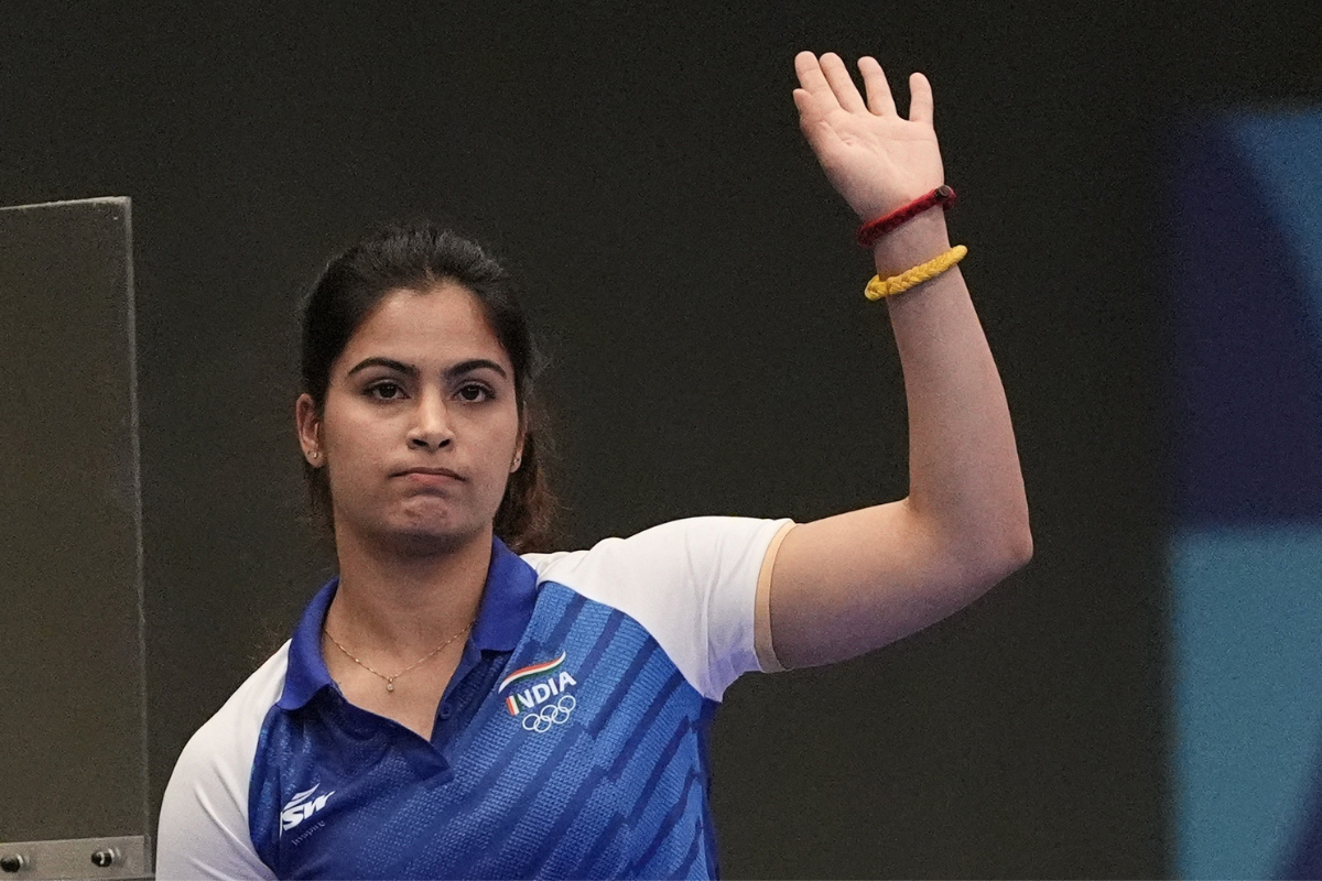 India's Manu Bhaker after finishing 4th in the shooting 25m Pistol Women's Final at Chateauroux Shooting Centre, in Deols, France, on Saturday