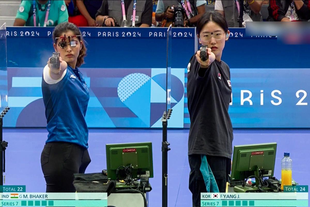 Indian Shooter Manu Bhaker (L) in action during the Women's 25m Pistol Shooting event at the Olympic Games Paris 2024, in Paris on Saturday