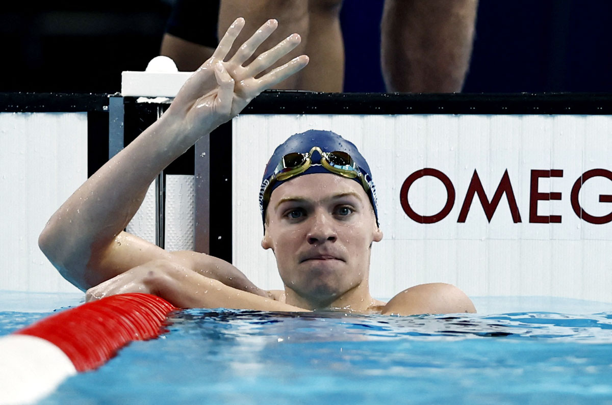  France's Leon Marchand celebrates winning gold in the men's 200m Individual Medley and setting a new Olympic record at the Paris La Defense Arena, Nanterre, France, on Friday.